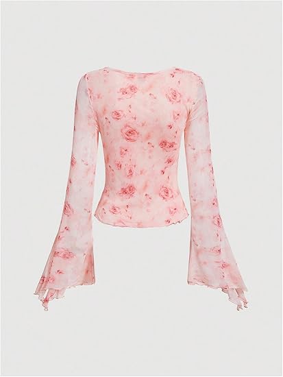 Retro Bloom Mesh Flare Sleeve Top