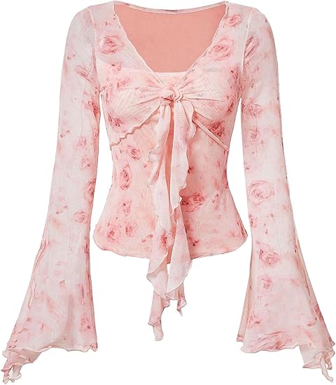 Retro Bloom Mesh Flare Sleeve Top